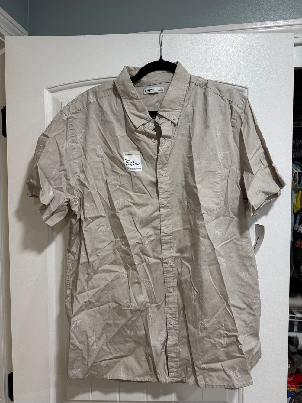 Sonoma Beige Short Sleeve Button-Up Shirt with White cowboy patterns
